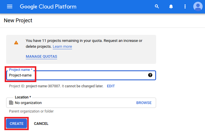 The New Project page