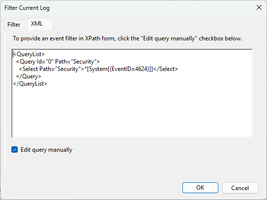 Windows event log XPath query