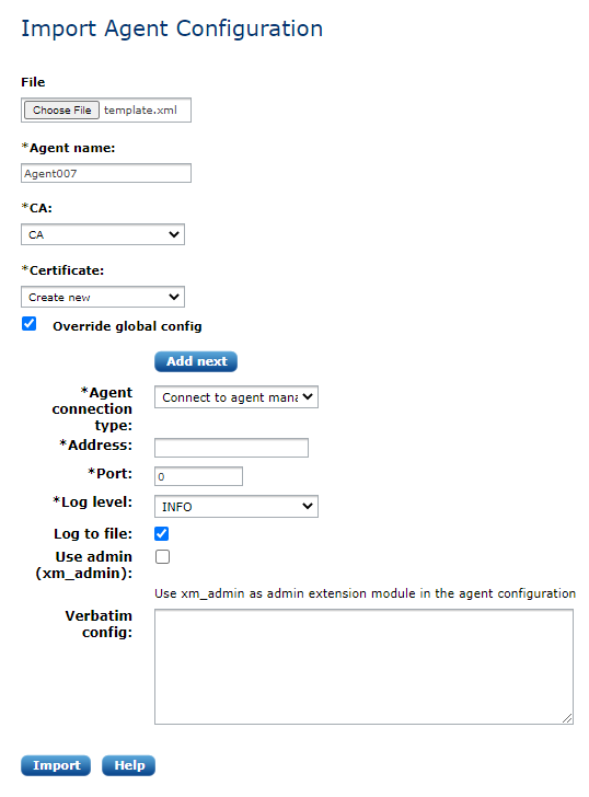 Agent import options