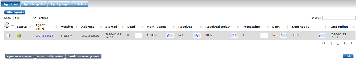 Agent list showing an online agent