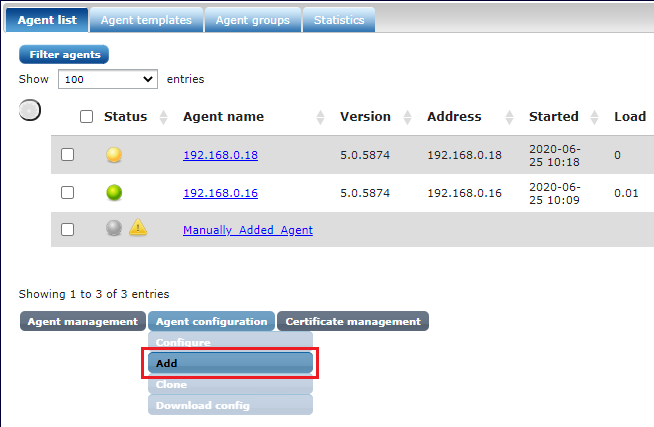 Agent list showing an online agent