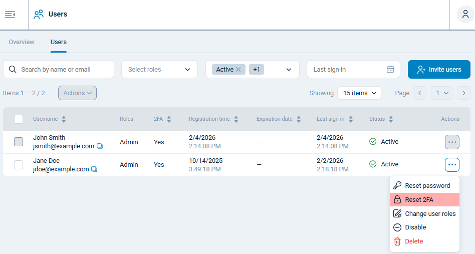 Reset two-factor authentication for a user