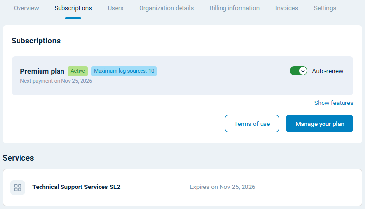 NXLog Platform subscriptions view