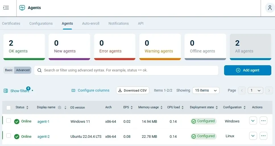 NXLog Platform agents list