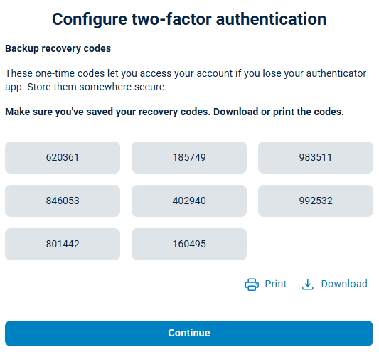 NXLog Platform two-factor authentication recovery codes