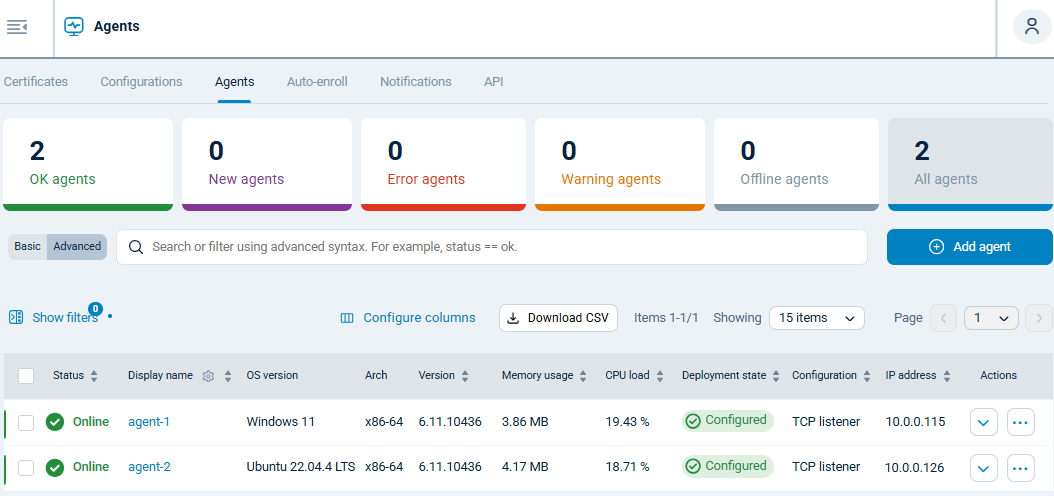 NXLog Platform Agents view