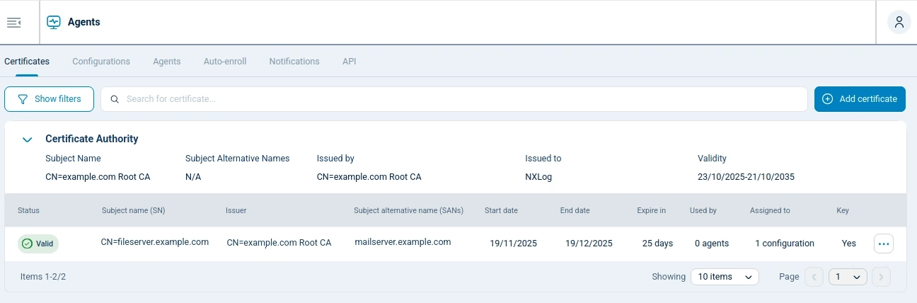 NXLog Platform Certificates view