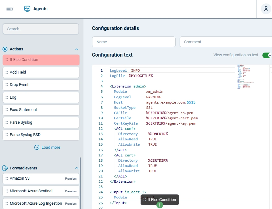 NXLog Agent configuration text editor