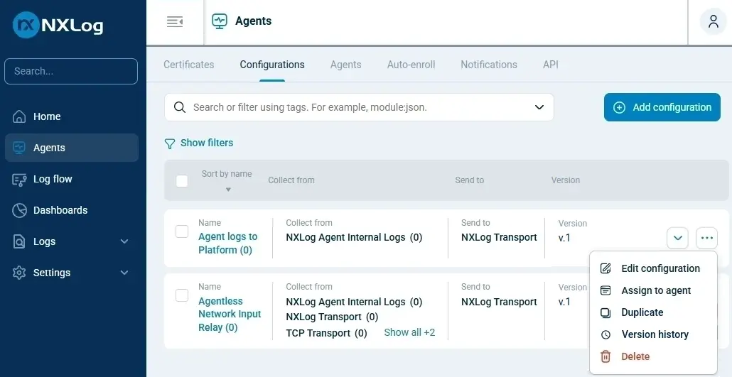 Deleting the built-in agent configurations