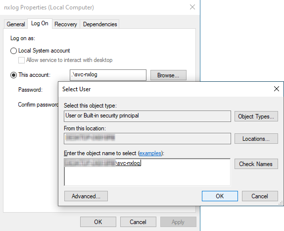 nxlog service Select User window