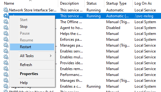 Restarting the nxlog service